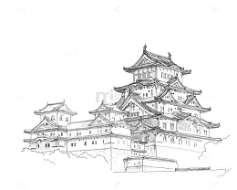 手绘黑色线条古风建筑