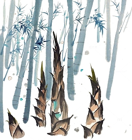 水墨画卡通竹林里的竹笋