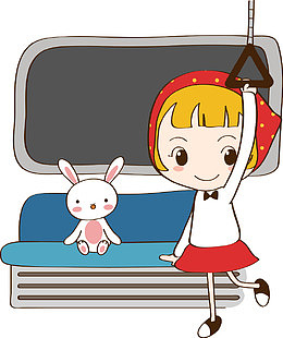 地铁车厢内的卡通女孩和兔子