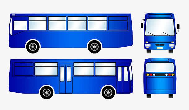 蓝色的长长的公共汽车的三视图