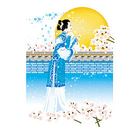月下赏花的美女