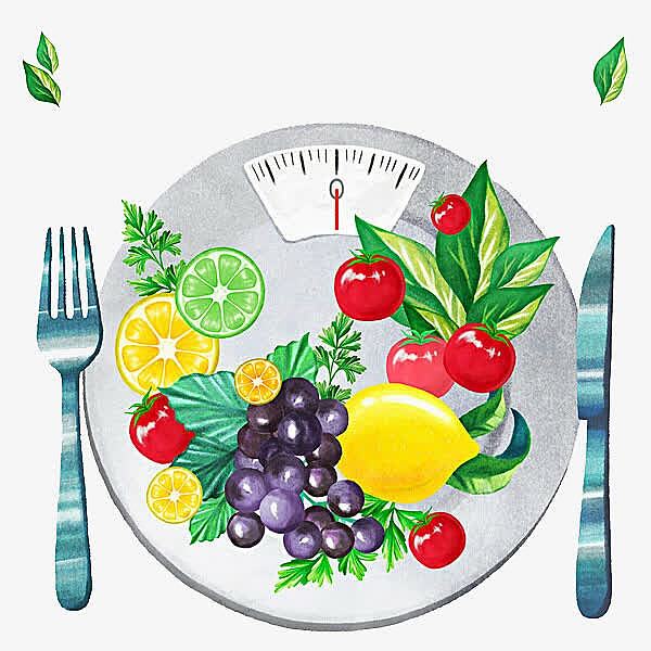 手绘水果餐盘和体重秤