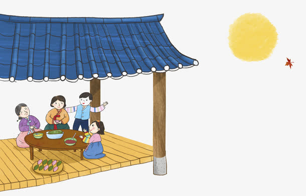 夜晚凉亭吃饭的一家人