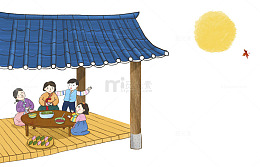 夜晚凉亭吃饭的一家人