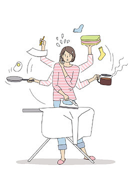 手绘可爱插图忙碌的家庭主妇