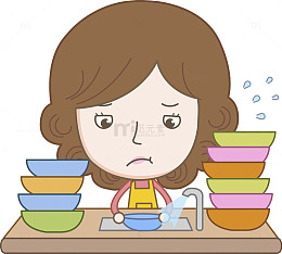 卡通洗碗的家庭主妇