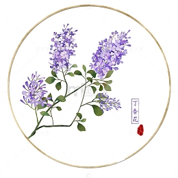手绘圆形唯美中国风丁香花插图免