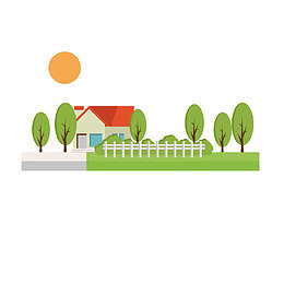 红色屋顶小房子前面均匀分布的白