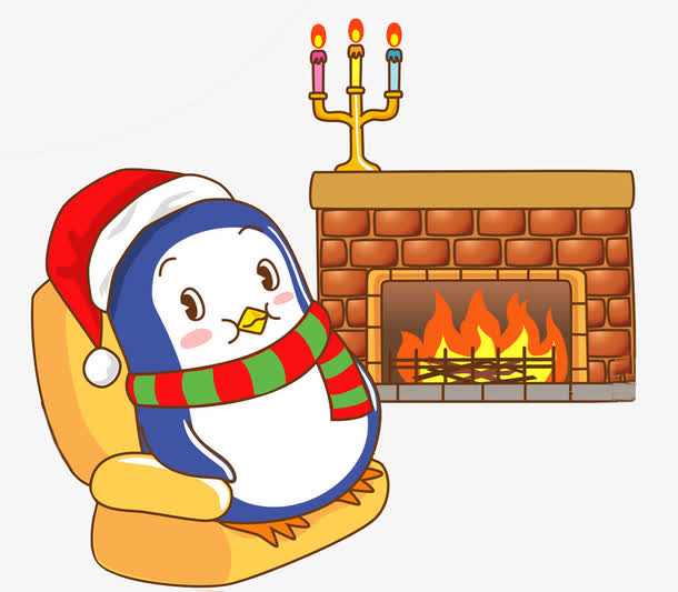 手绘烤火的企鹅免抠图