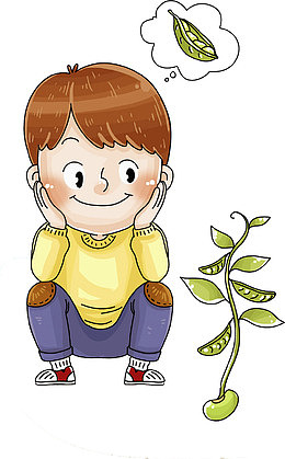 手绘蹲着看植物的男孩
