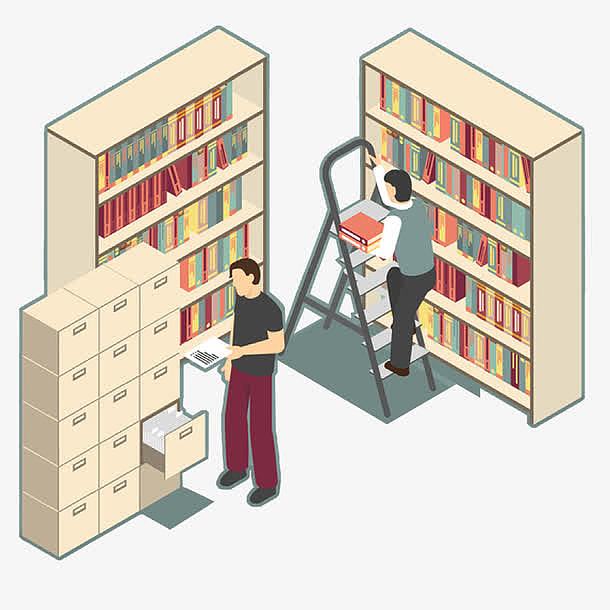 卡通图书馆整理书架的店员