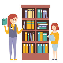 卡通女孩在图书馆交谈