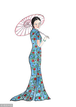 穿长托旗袍撑伞的女人