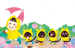 走在雨中的小女孩与小猫咪