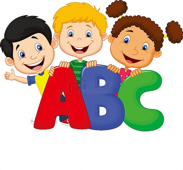 手绘三个小孩和英语字母ABC