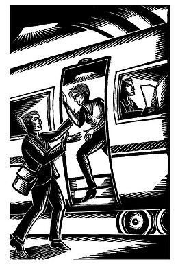 版画风格装饰画火车站站台送别