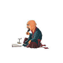卡通点灯坐着看书的古代光头男子