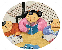 古代儿童读书看书中国水墨画