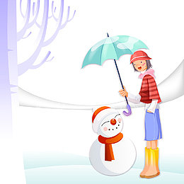 给雪人打伞的女孩