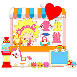 手绘卡通小女孩经营店铺素材
