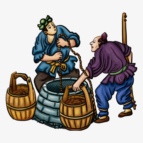 中国插画水井打水