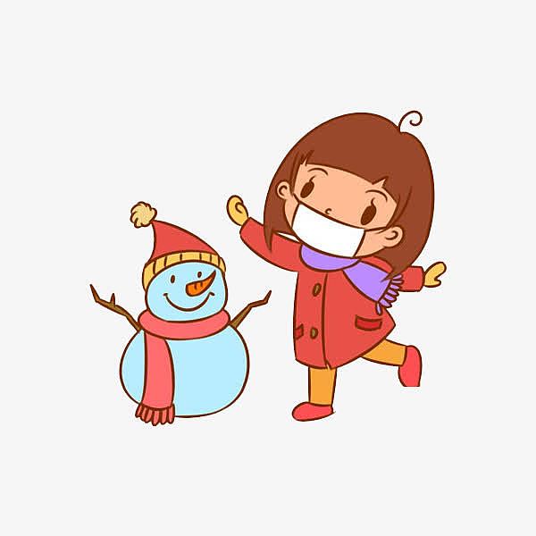 带着口罩的女孩和雪人