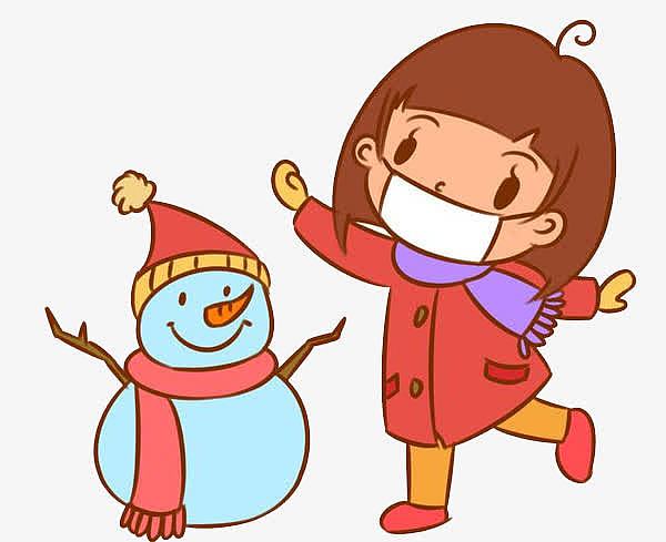 戴口罩的小女孩和雪人