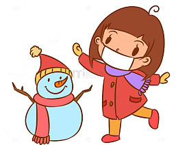戴口罩的小女孩和雪人