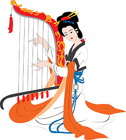 手绘复古女人弹琴免抠图