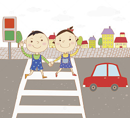 卡通手牵手过马路场景图
