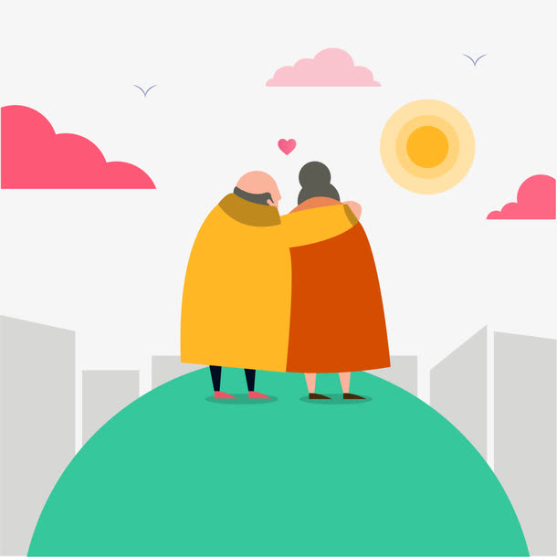 创意看夕阳的老夫妇背影矢量图