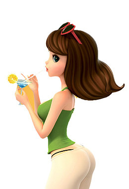 卡通喝饮料的美女