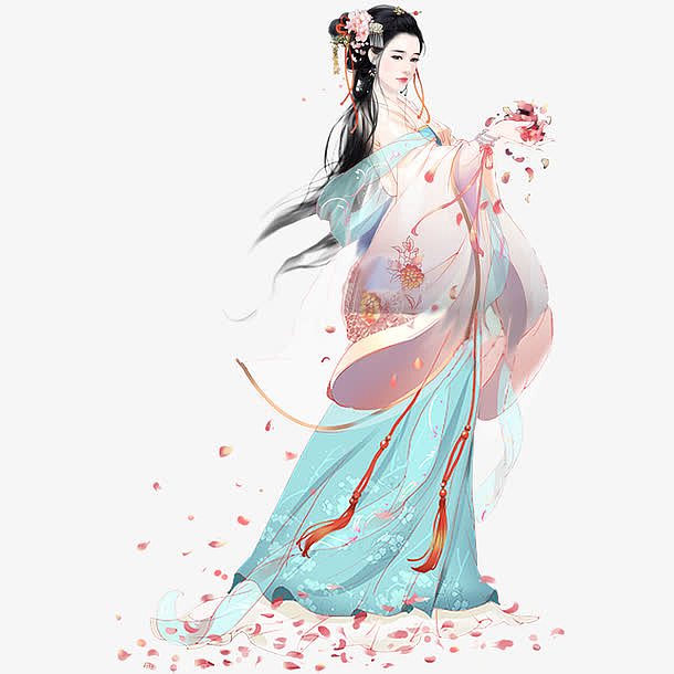中国风手绘古典拿花的美女