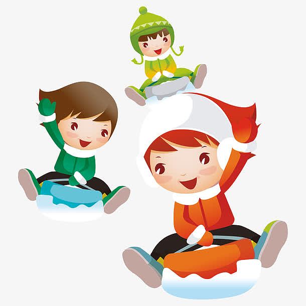 开心滑雪的三小小孩