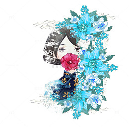 手绘插图穿旗袍的女孩