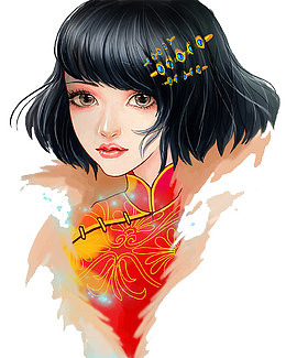 手绘人物插图穿旗袍的短发女孩