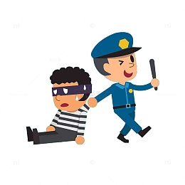 扁平风格警察抓住逃跑的小偷矢量