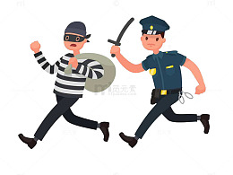 扁平卡通风格警察追赶逃跑的蒙面