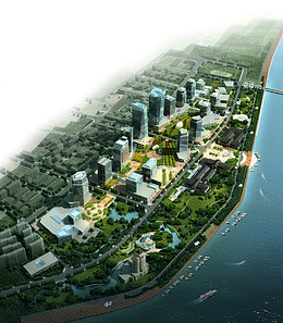 绿色城市边的蓝色海洋