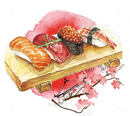手绘木板上的日料寿司