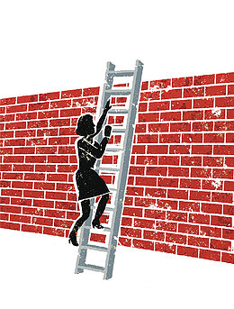 插图爬红色方砖墙的人