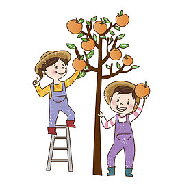 爬梯子的小孩摘苹果场景图