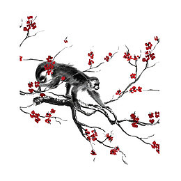 中国风水墨画猴子爬树免抠