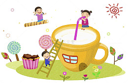 卡通插画孩子在喝牛奶