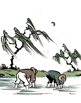水墨农民伯伯插秧场景杨柳依依