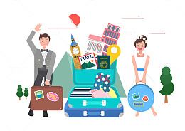 新婚夫妻提包旅游