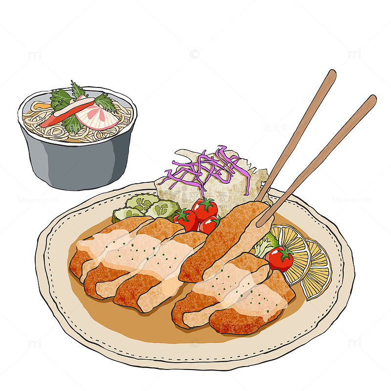 手绘插图日料套餐炸猪排