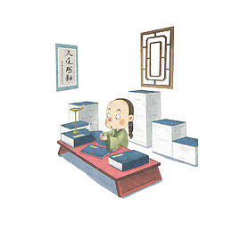 卡通书房里认真看书的古代男子素