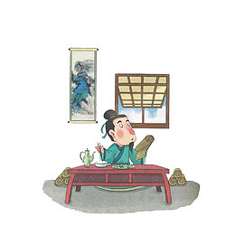 卡通边看书边吃饭的古代男子素材