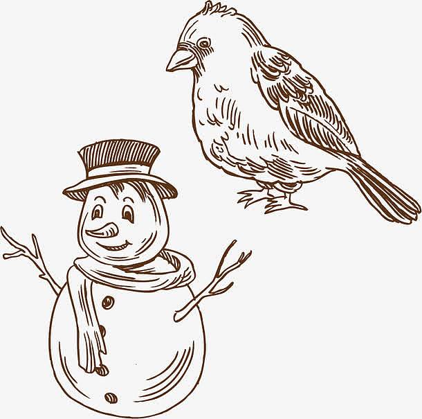 矢量手绘雪人和喜鹊